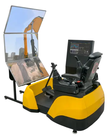 Excavator Simulator station features immersive screens and realistic controls, providing high-tech training for operators.