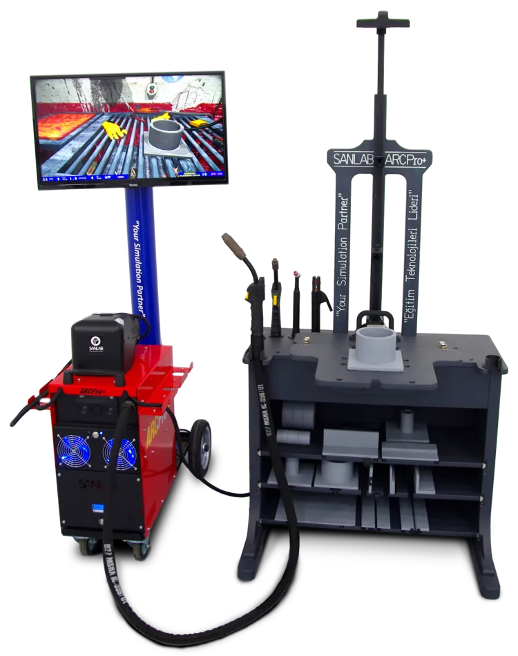 VR Welding Simulator with 4 torch types and table. The simulator contains welding parts and sensor and display.