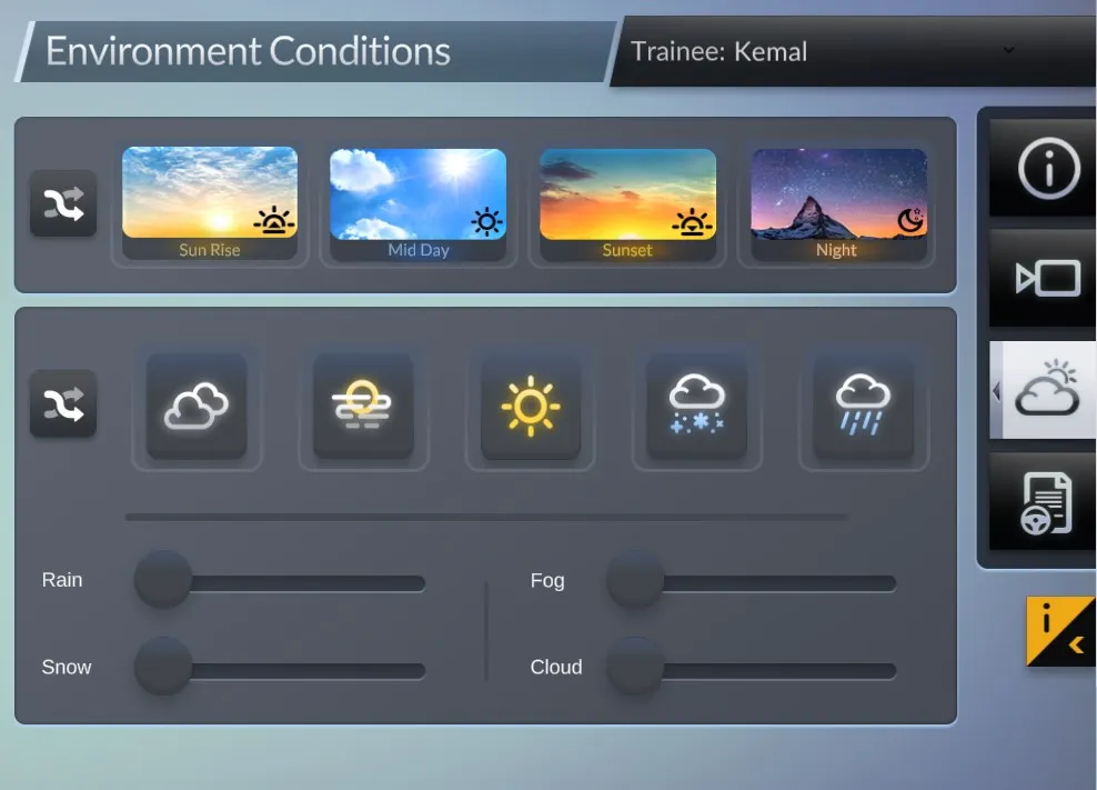 Image showing the settings for adjusting weather conditions in the VR Forklift Sim. Demonstrates the customization options available for realistic training scenarios.