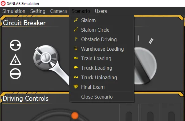 Image showing the names of different scenarios within the VR Forklift Simulator. Highlights the variety of training environments and options available.