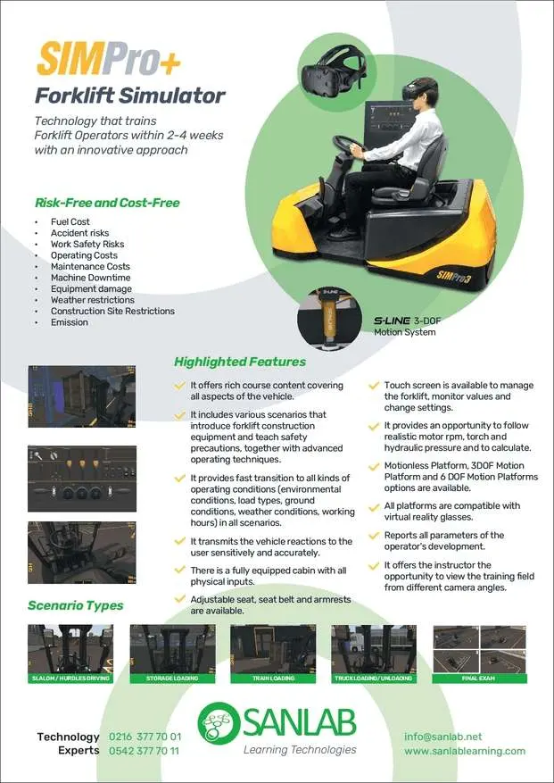 Screenshot of the catalog displaying various features and options of the VR Forklift Simulator. Provides an overview of available training modules and equipment.