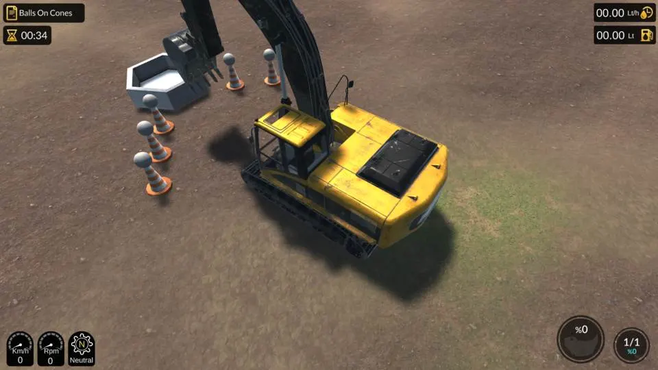 Excavator Training simulator showing a realistic scene where rocks from cones are being placed into a box, highlighting precise control and operational skills.