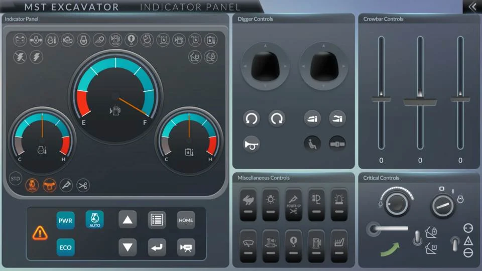 View of indicator panel. It includes pedals, lambs, critic controls of excavator simulator VR.