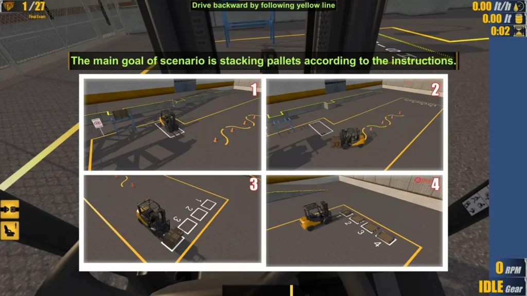 A collage showing various training scenarios with different environments and challenges. Demonstrates the flexibility and realism of the VR Forklift Simulator for comprehensive training.