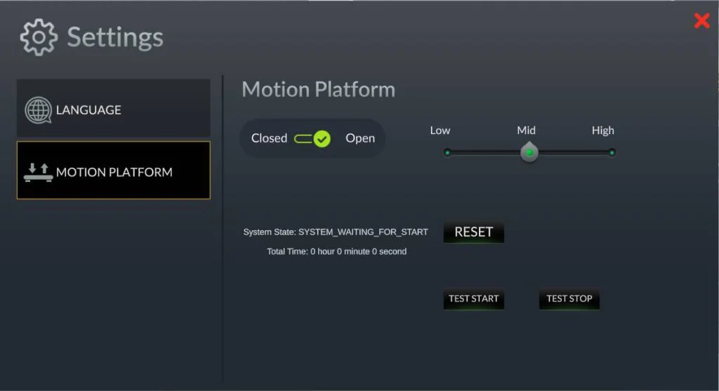 Interface for adjusting the motion platform's real response strength in an VR excavator simulator, offering precise control for realistic simulation performance.