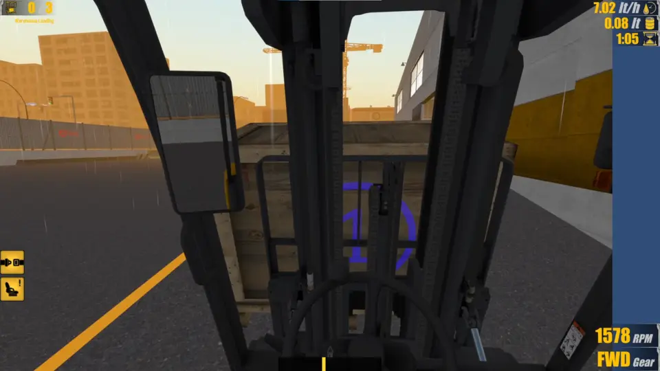 View from inside the forklift, showing the operator transporting a load. Highlights the realistic perspective and operational functionality of the VR Forklift Simulator.