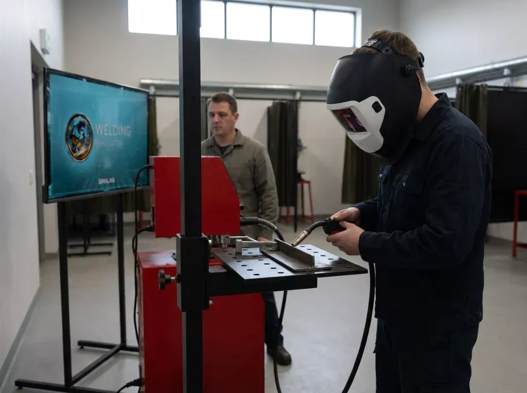 Trainee welding with a real torch and VR welding mask on the SANLAB All-in-One welding simulator